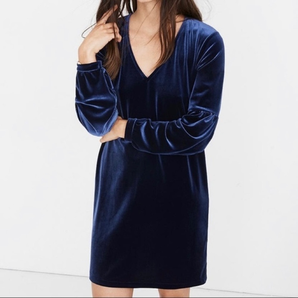 Madewell Velvet Balloon Sleeve Shift Dress Navy Size S Holiday Long Sleeve
